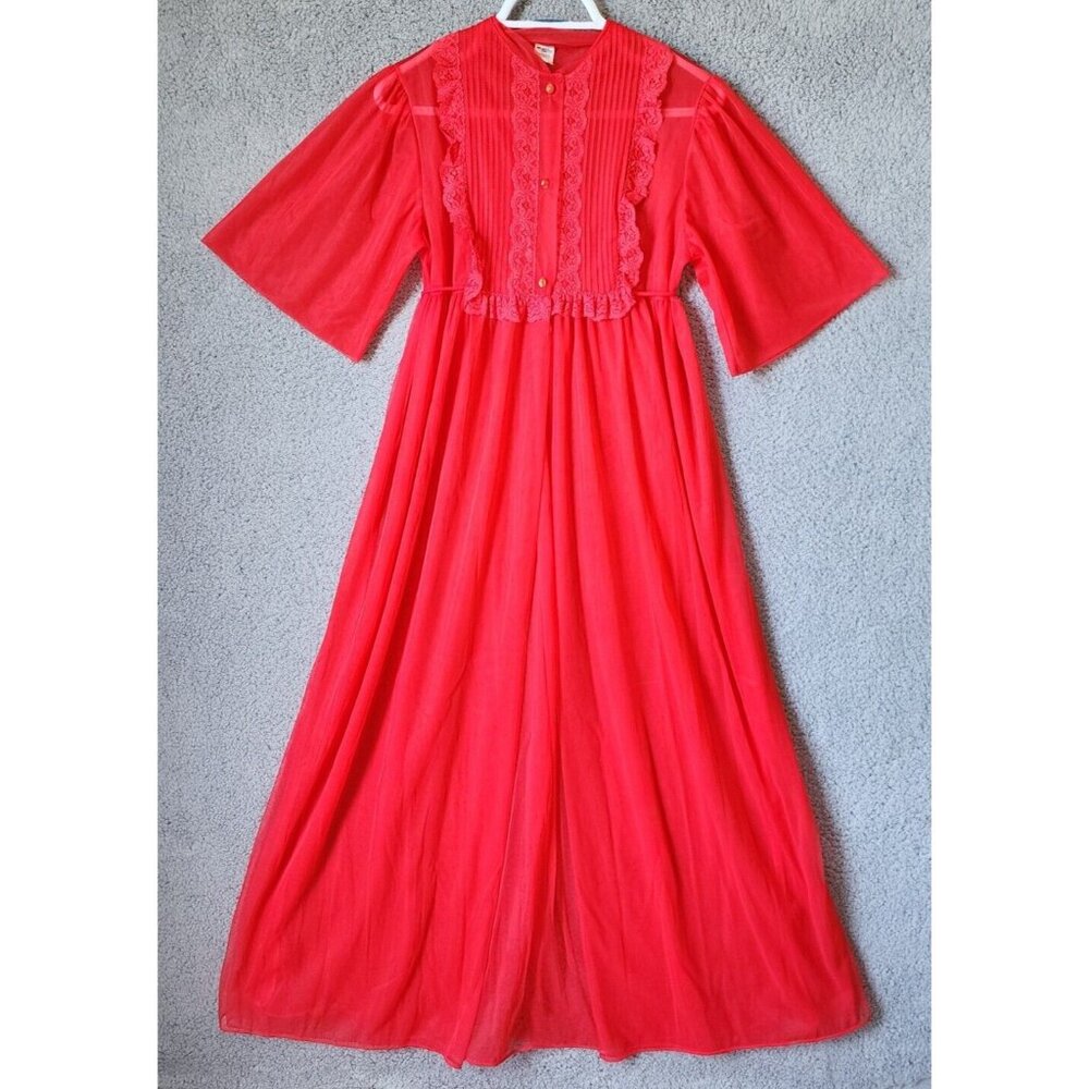 Vtg JC Penneys Short Sleeve Sheer Chiffon Peignoir Robe Pintuck Lace Chest Red S